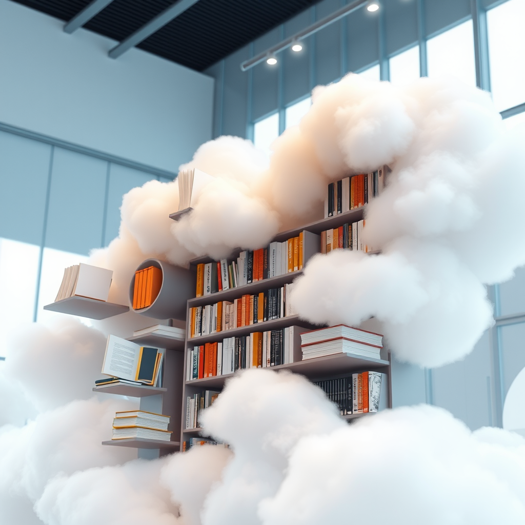 Modern digital library interface showing books floating in a cloud-like arrangement with soft lighting and clean design elements
