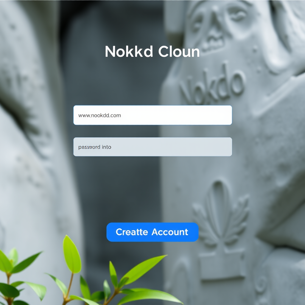 Nokd-Cloud tilin luomisen käyttöliittymä näyttää rekisteröintilomakkeen sähköpostikentällä ja salasanakentällä, sininen painike 'Luo tili' alareunassa